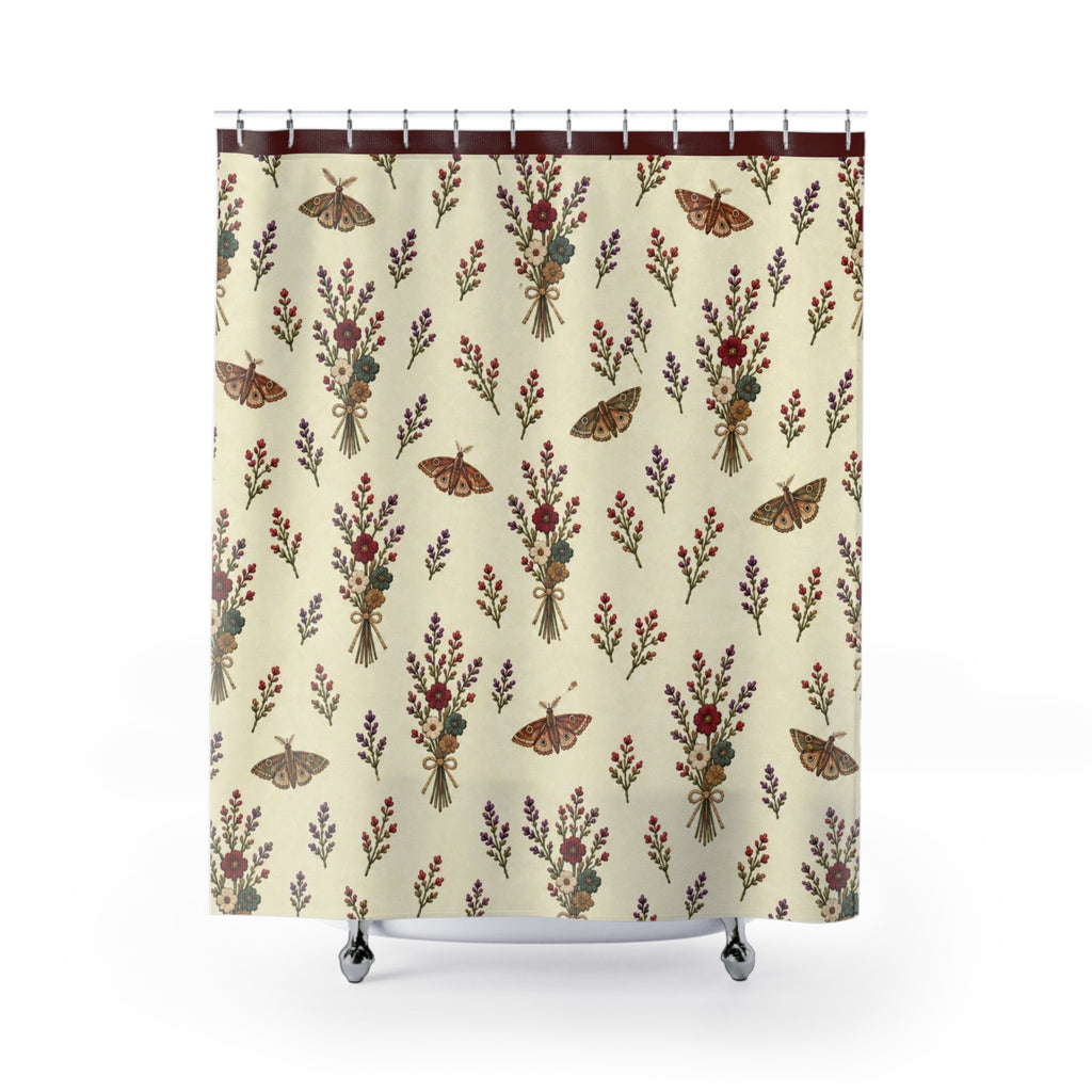 Botanical Bouquet Shower Curtain — Vintage Moths & Wildflower