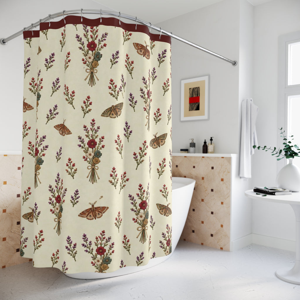 Botanical Bouquet Shower Curtain — Vintage Moths & Wildflower