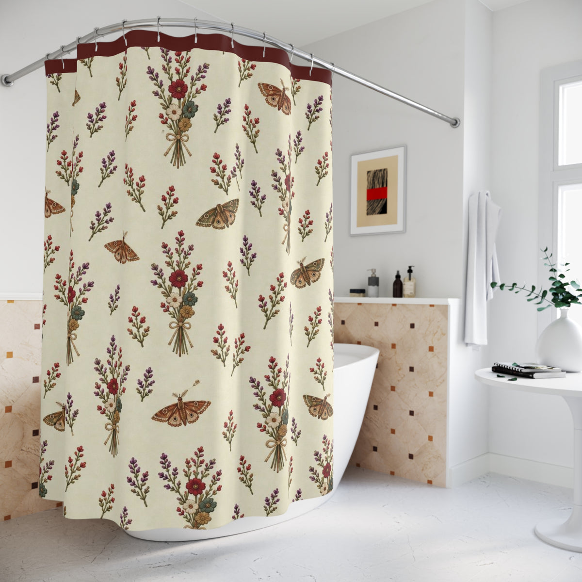Botanical Bouquet Shower Curtain — Vintage Moths & Wildflower