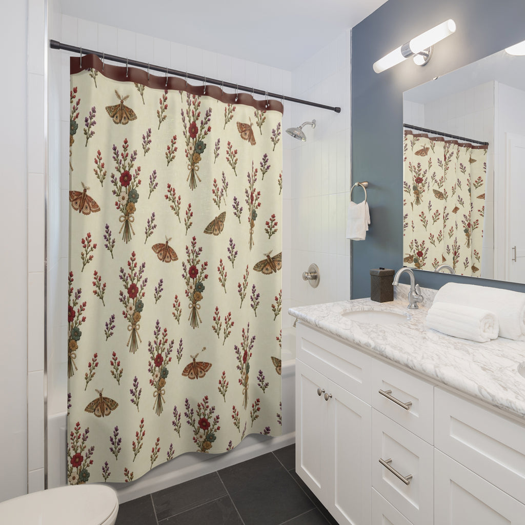 Botanical Bouquet Shower Curtain — Vintage Moths & Wildflower