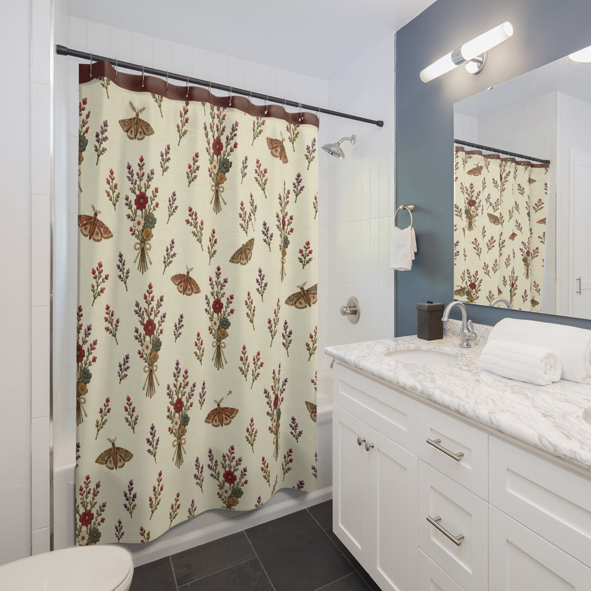 Botanical Bouquet Shower Curtain — Vintage Moths & Wildflower